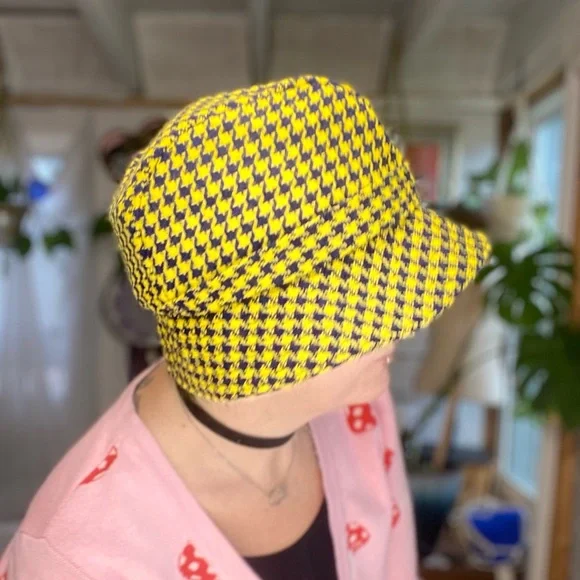 Vintage Preppy Trendy Yellow & Purple Houndstooth Print Reto Bucket Hat - Picture 2 of 11